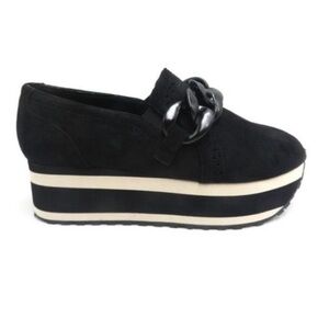 Pierre Dumas Black Platform Slip-On Loafers with Cream Stripes